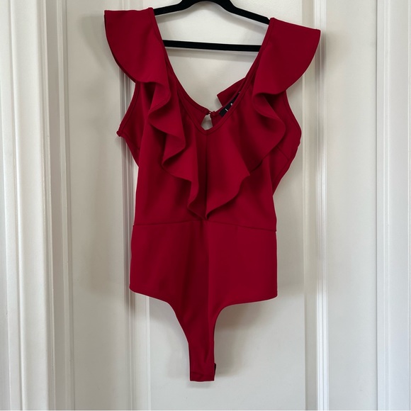 Lulus Tops - Lulu’s Red Ruffle V Neck Bodysuit Tank